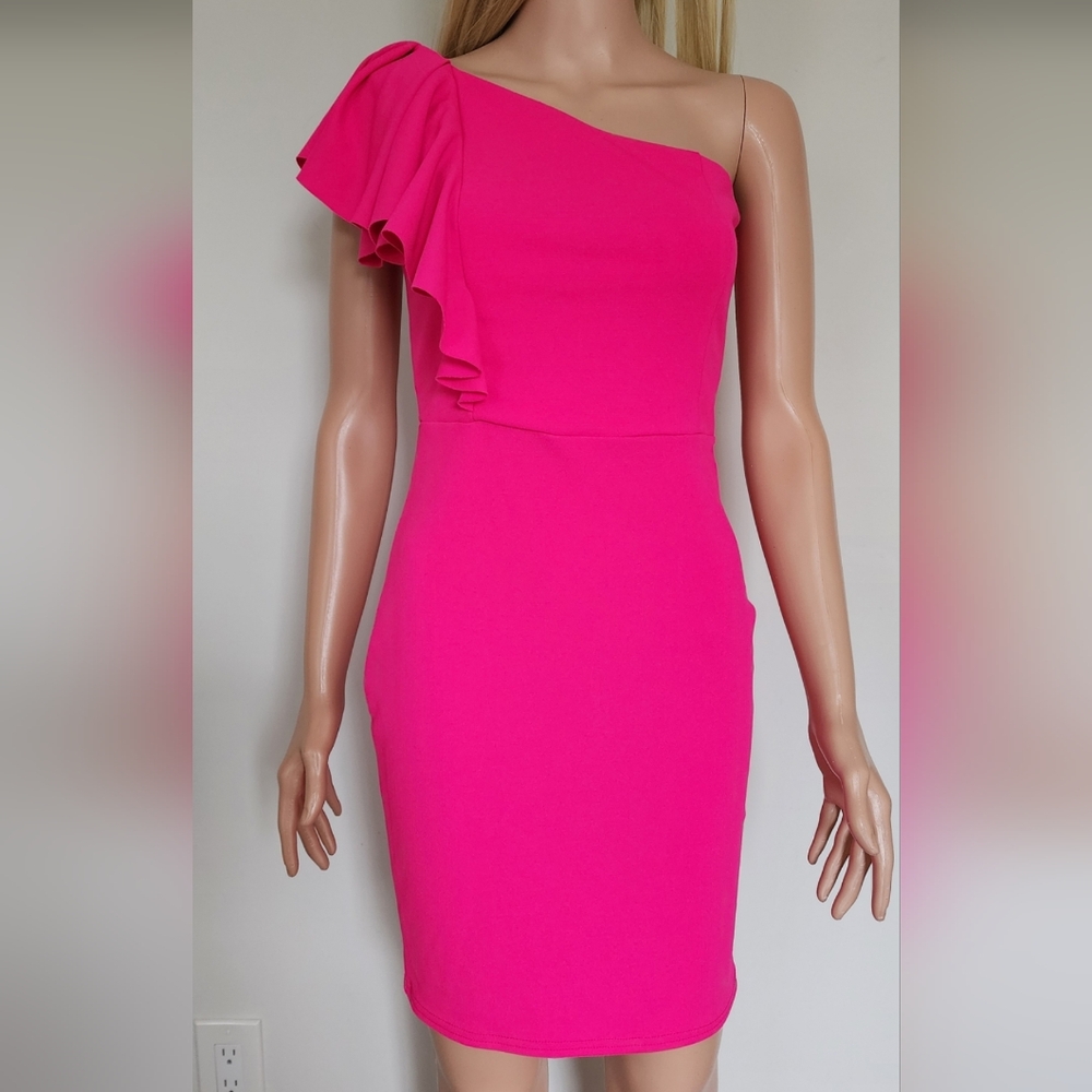 LULUS HOT PINK RUFFLES ONE SHOULDER SEXY MINI DRESS MEDIUM